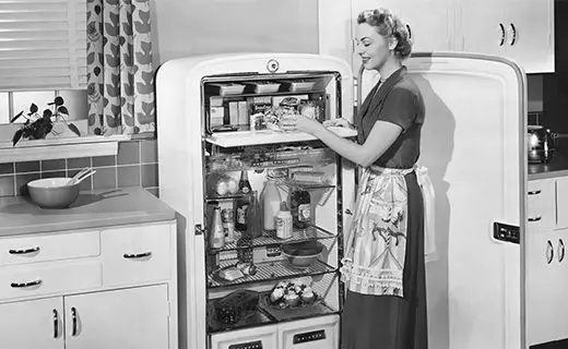 Refrigerator 1950 black and white pic